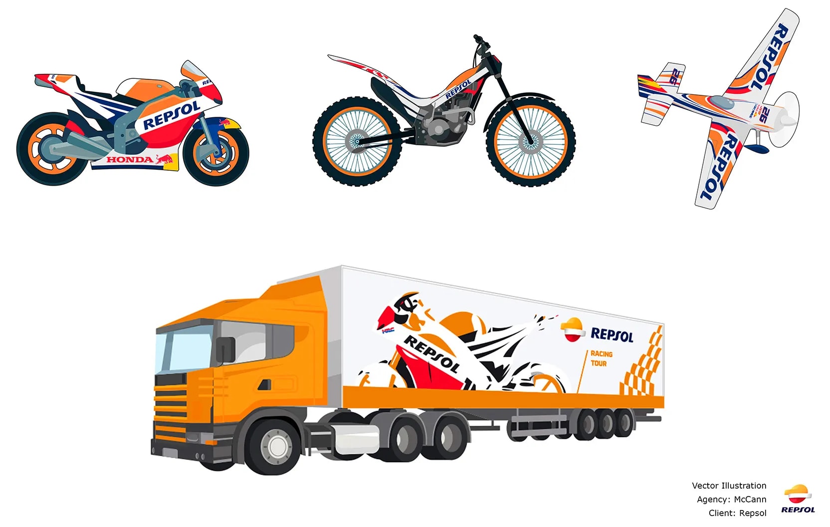 Ilustraciones vectoriales de los vehículos de competición de Repsol (MotoGP, trial, avioneta y camión), trabajo de José Antonio Casal, profesor de Concept Art e Ilustración de TRAZOS, escuela de arte digital en Madrid