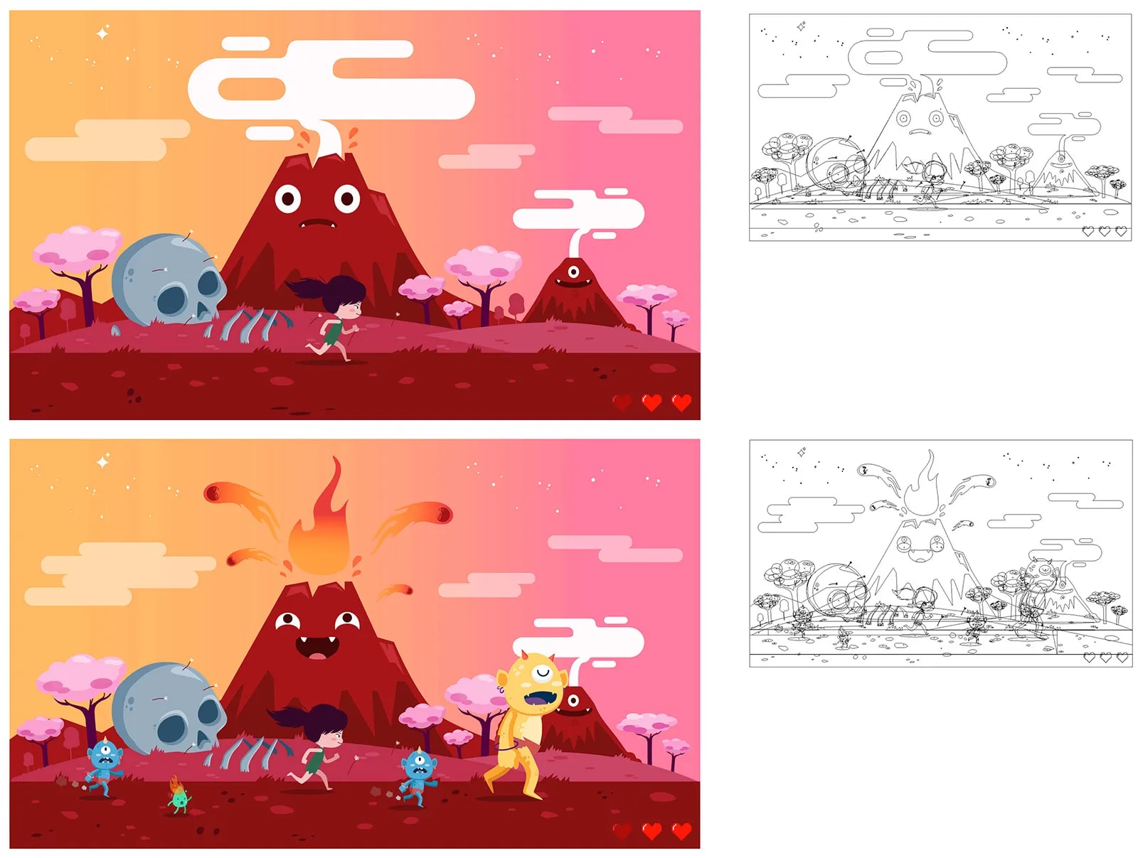 Storyboard e ilustración de una escena de un volcán animado y una niña, con versiones de línea y color, trabajo de José Antonio Casal, profesor de Concept Art e Ilustración de TRAZOS, escuela de arte digital en Madrid