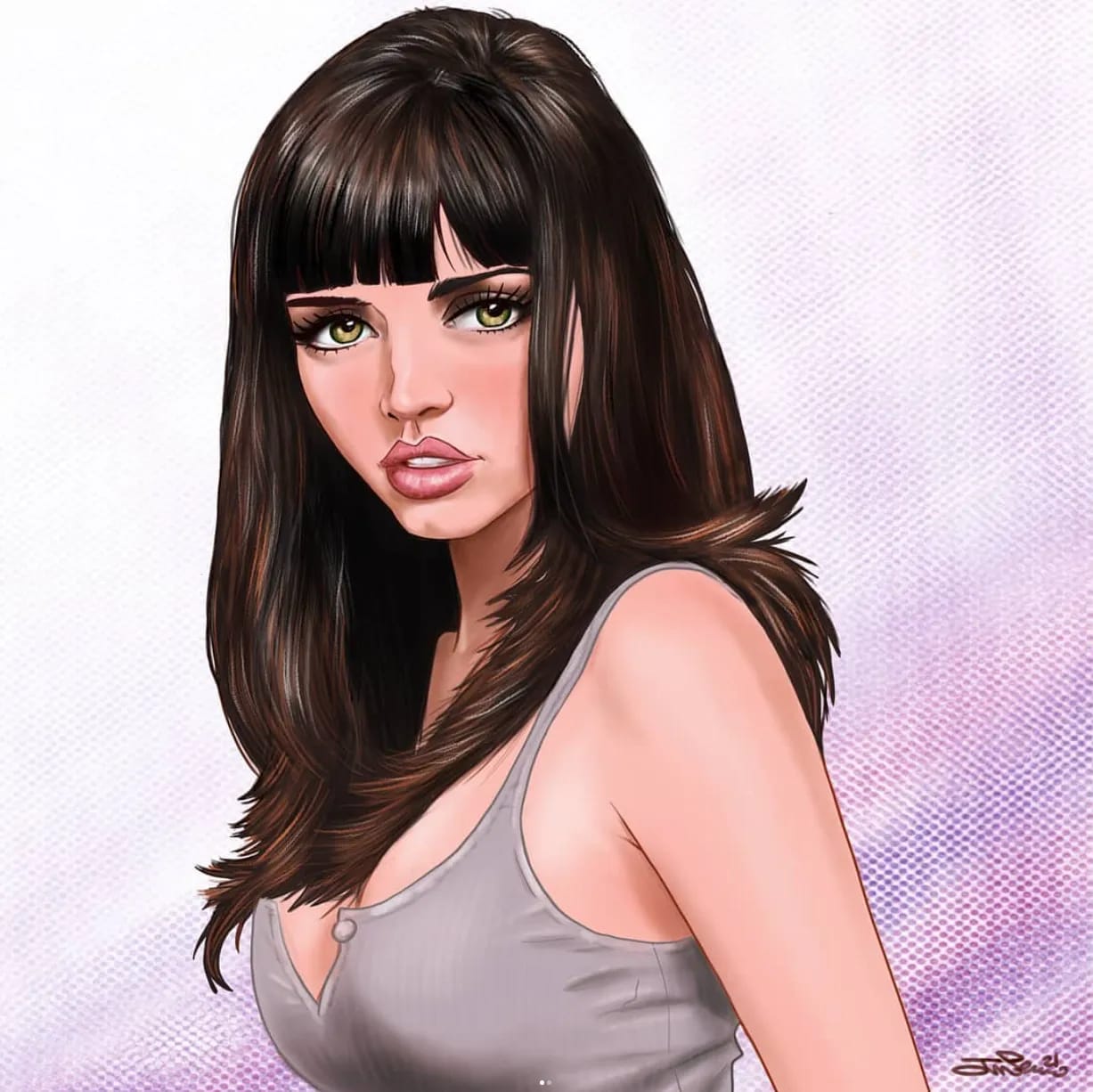 Retrato ilustrado digital de una mujer morena con flequillo, estilo de la actriz Ana de Armas, trabajo de José Serrano, profesor de Ilustración de TRAZOS, escuela de arte digital en Madrid