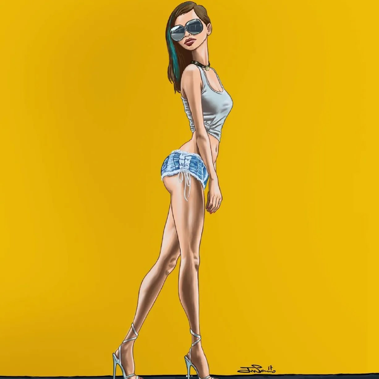 Ilustración digital de una mujer con gafas de sol sobre fondo amarillo, trabajo de José Serrano, profesor de Ilustración de TRAZOS, escuela de arte digital en Madrid