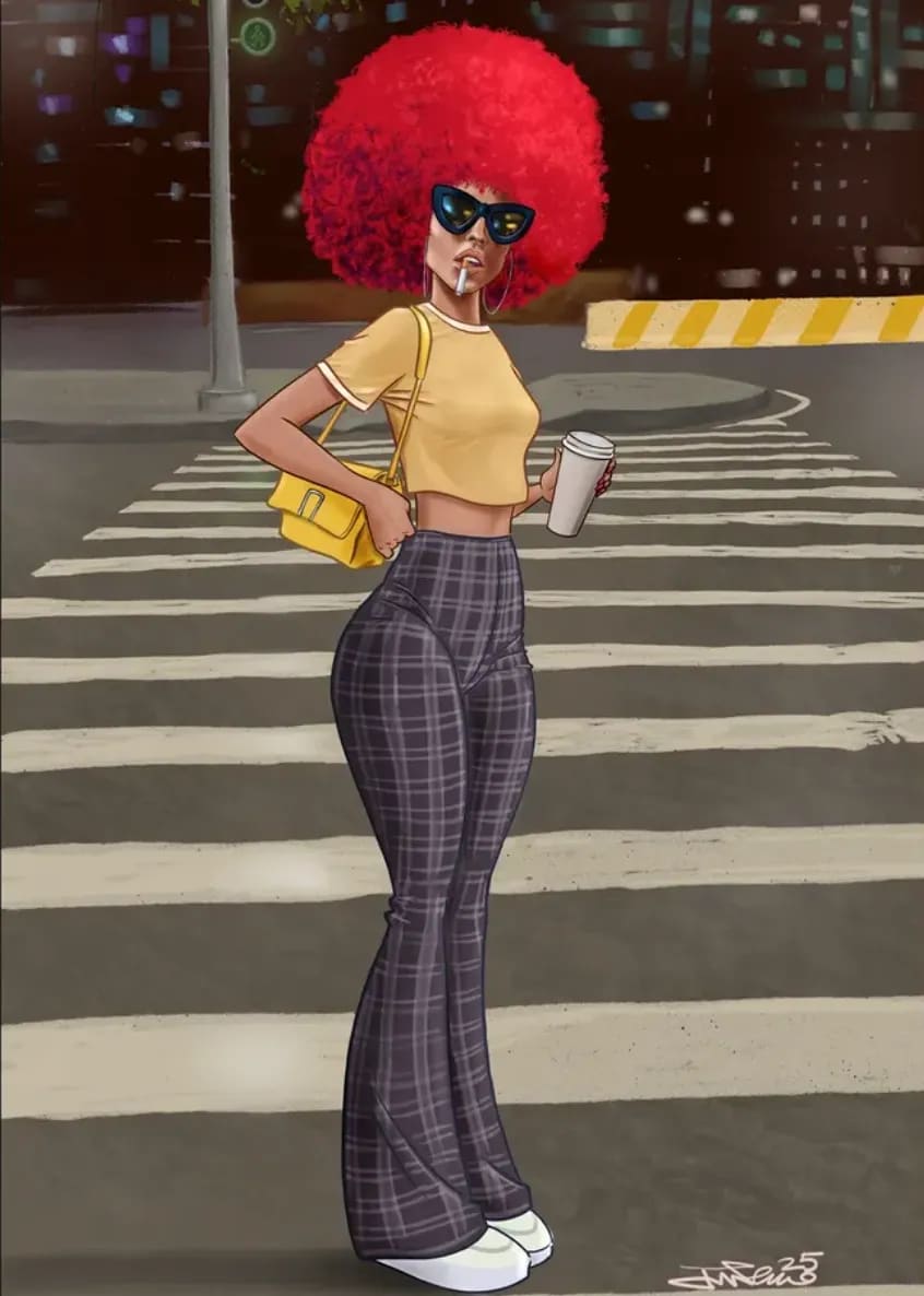 Ilustración digital de una mujer con peinado afro rojo cruzando un paso de cebra urbano de noche, trabajo de José Serrano, profesor de Ilustración de TRAZOS, escuela de arte digital en Madrid