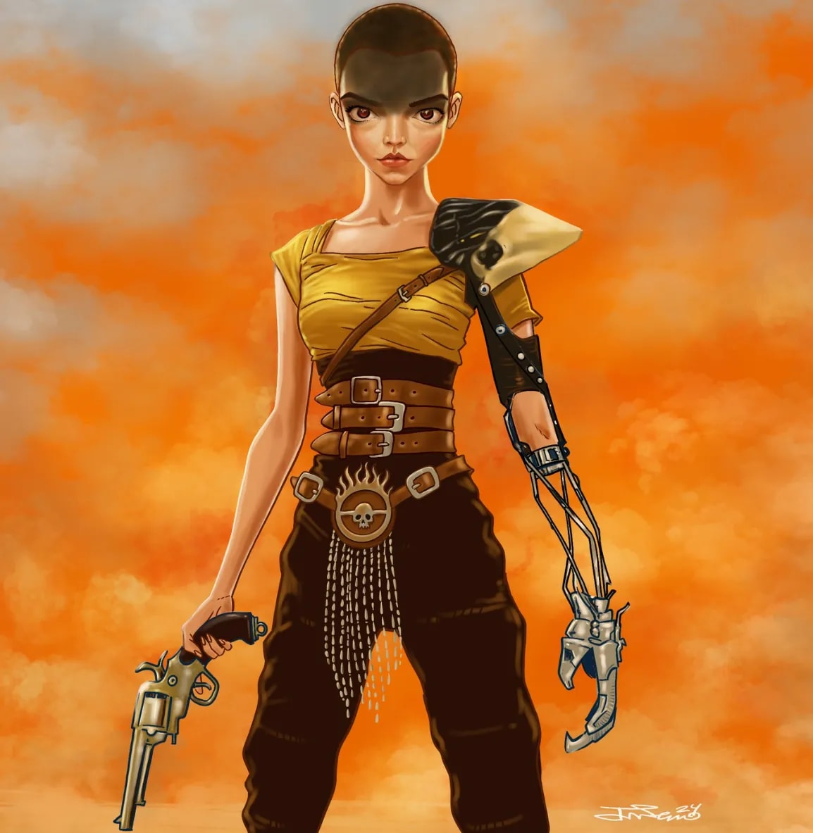Ilustración de personaje de una guerrera post-apocalíptica con brazo mecánico y revólver, estilo Mad Max, trabajo de José Serrano, profesor de Ilustración de TRAZOS, escuela de arte digital en Madrid