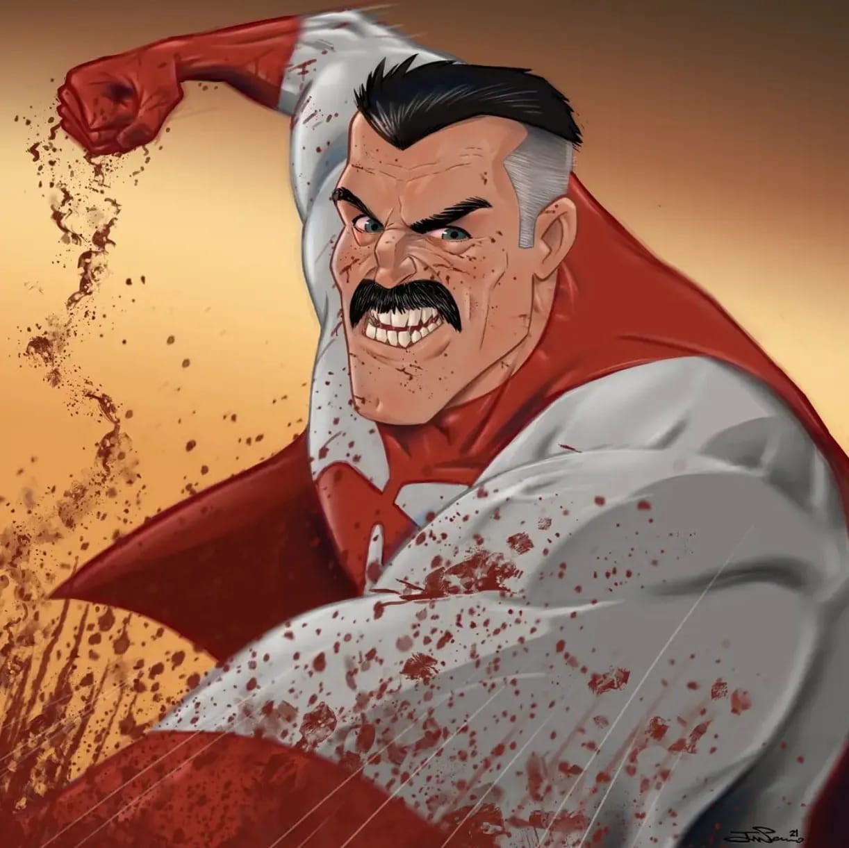 Ilustración de un personaje de superhéroe con capa roja salpicado de sangre, estilo Omni-Man de Invencible, trabajo de José Serrano, profesor de Ilustración de TRAZOS, escuela de arte digital en Madrid