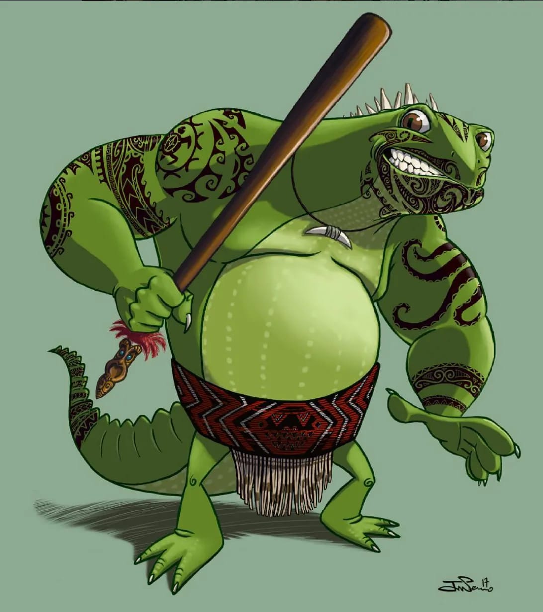 Ilustración de personaje de una iguana antropomórfica musculada con tatuajes maoríes y un bate, trabajo de José Serrano, profesor de Ilustración de TRAZOS, escuela de arte digital en Madrid