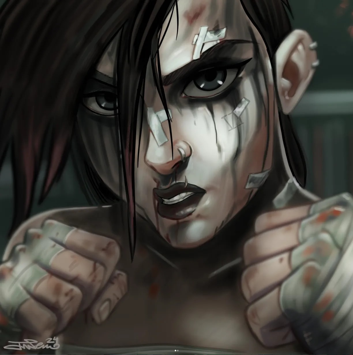 Retrato ilustrado de un personaje femenino luchador con vendas y tiritas en la cara, trabajo de José Serrano, profesor de Ilustración de TRAZOS, escuela de arte digital en Madrid