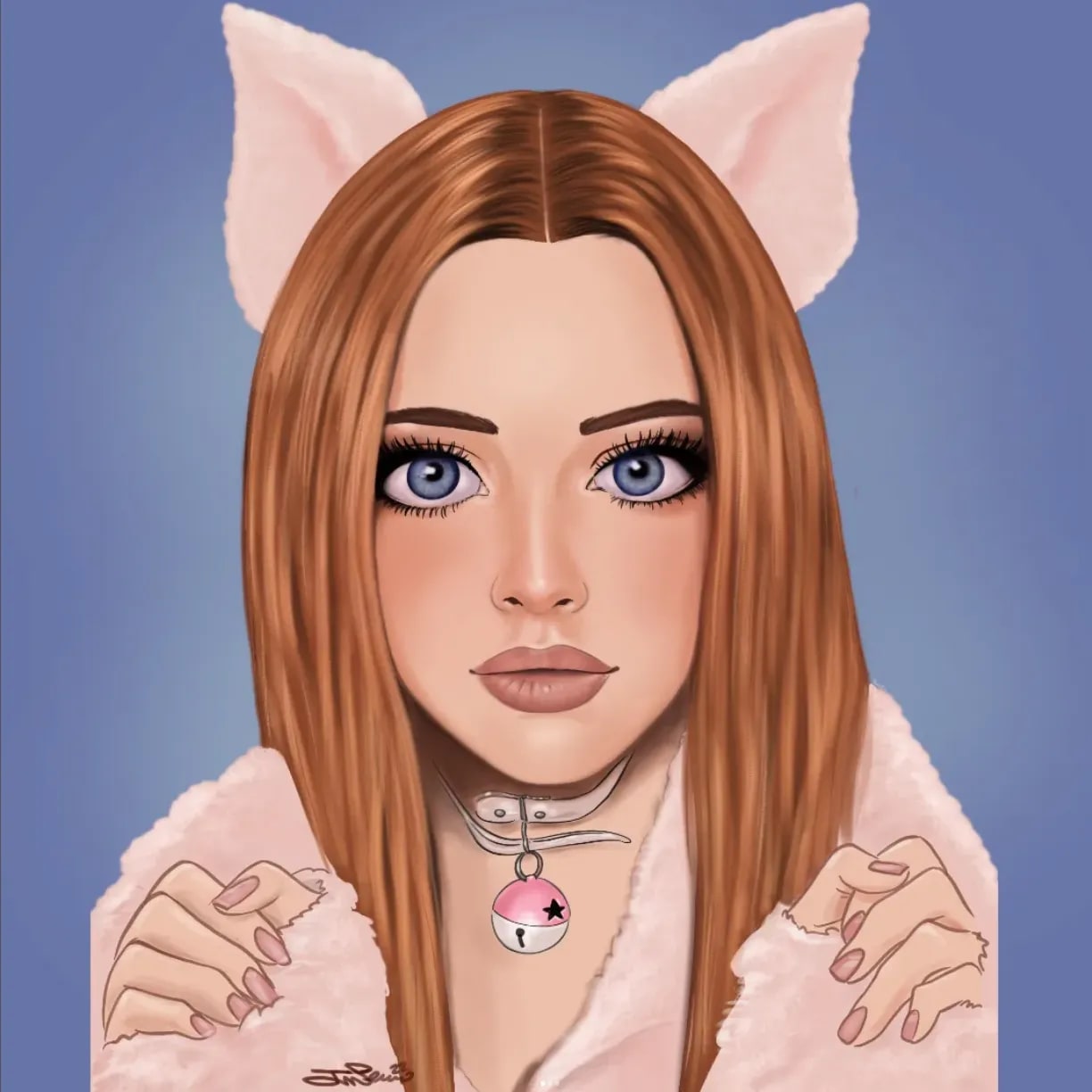Retrato ilustrado de una chica con orejas de gato y cascabel, estilo kawaii, trabajo de José Serrano, profesor de Ilustración de TRAZOS, escuela de arte digital en Madrid
