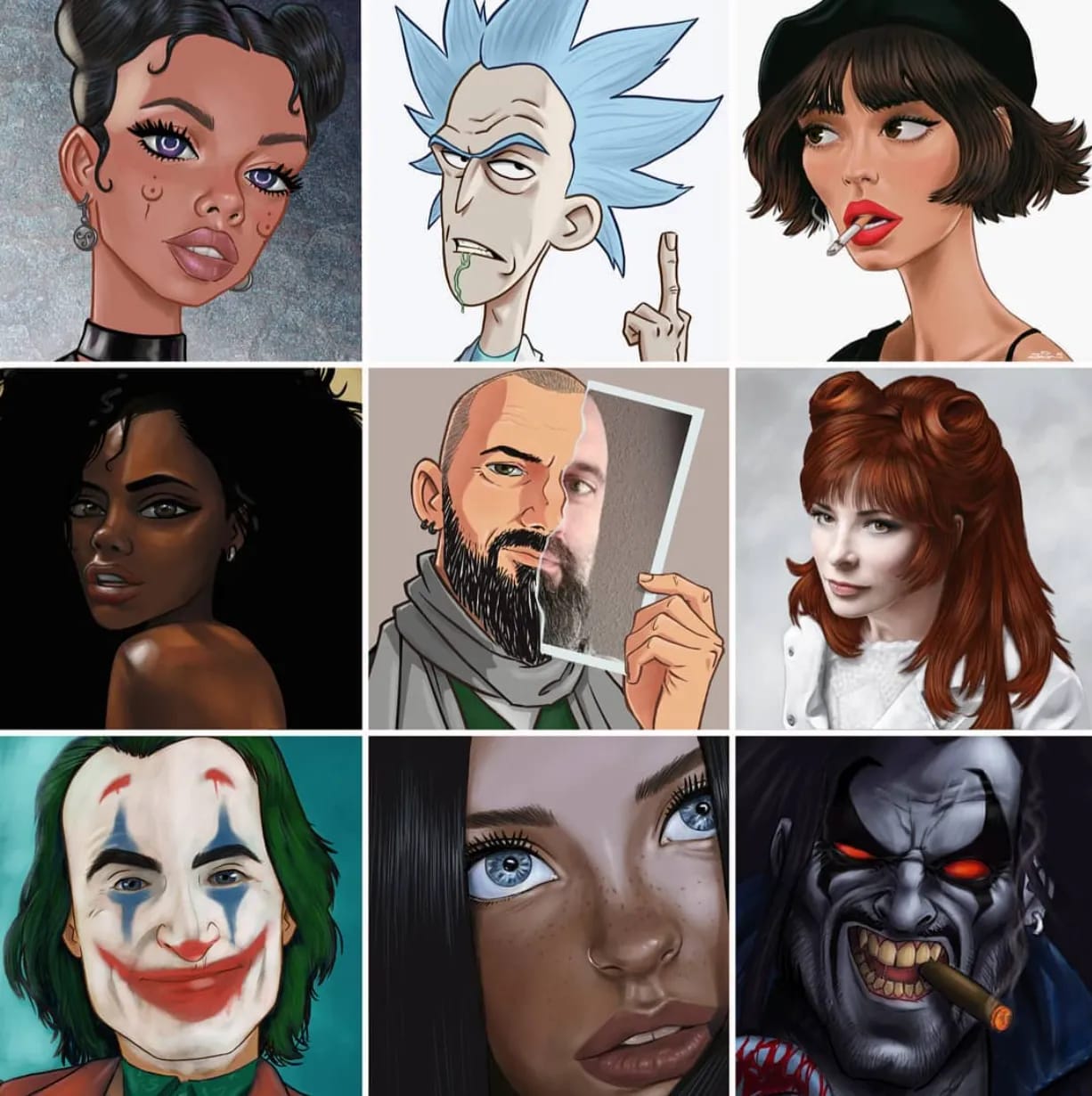 Mosaico de retratos ilustrados de diversos personajes y celebridades, trabajo de José Serrano, profesor de Ilustración de TRAZOS, escuela de arte digital en Madrid
