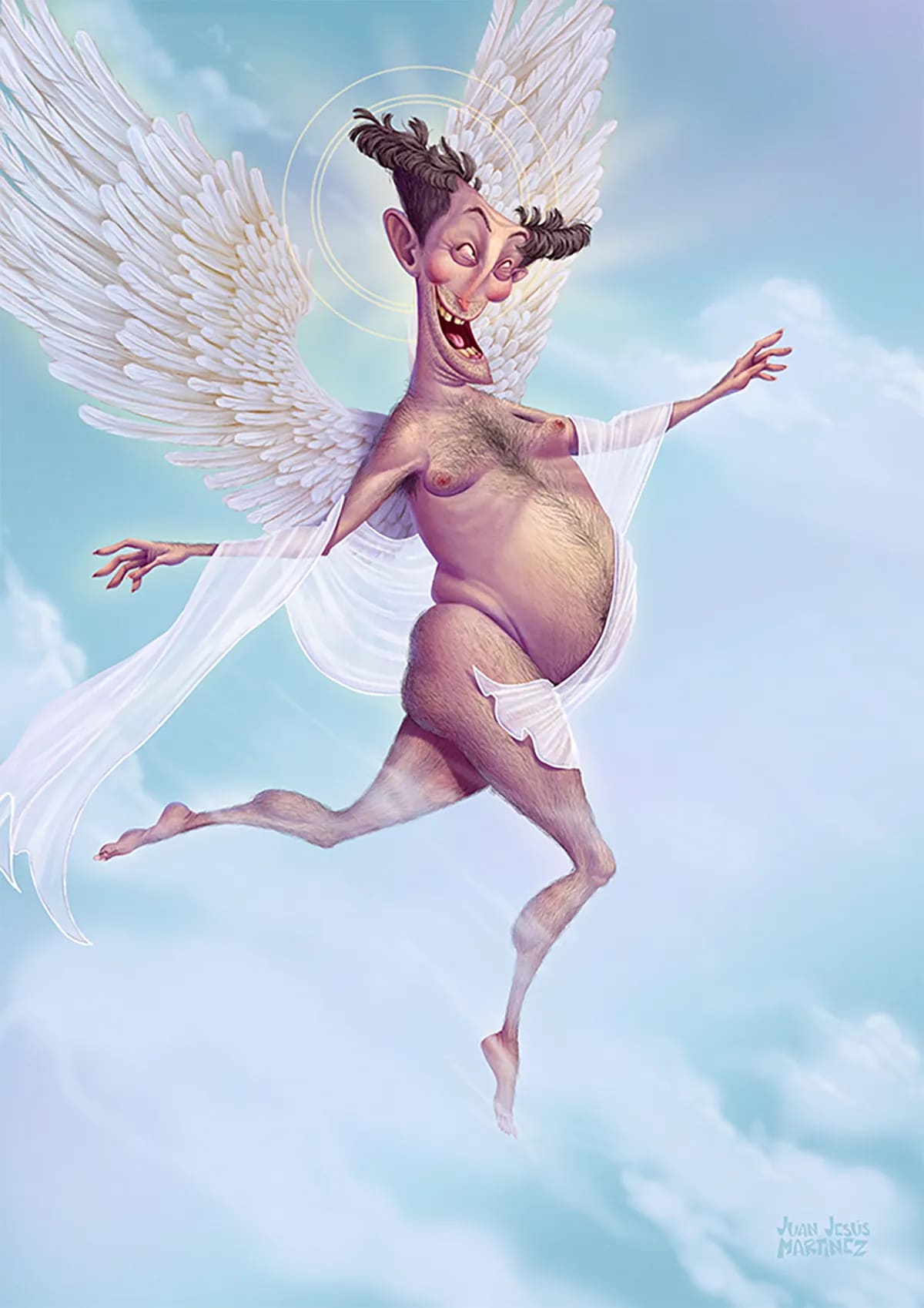 Caricatura ilustrada de un hombre con alas de ángel y aureola volando entre nubes, trabajo de Juan Jesús Martínez, profesor de Ilustración de TRAZOS, escuela de arte digital en Madrid
