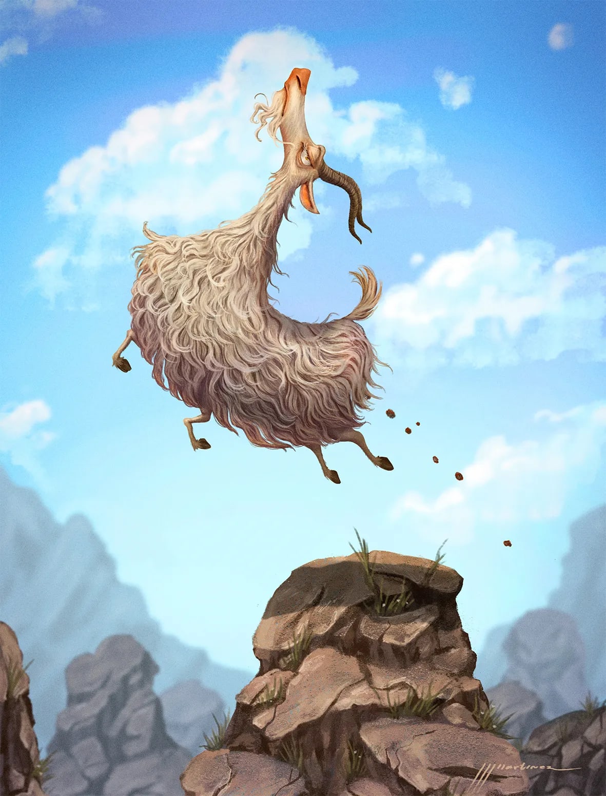 Ilustración humorística de una cabra saltando desde una roca en la montaña, trabajo de Juan Jesús Martínez, profesor de Ilustración de TRAZOS, escuela de arte digital en Madrid