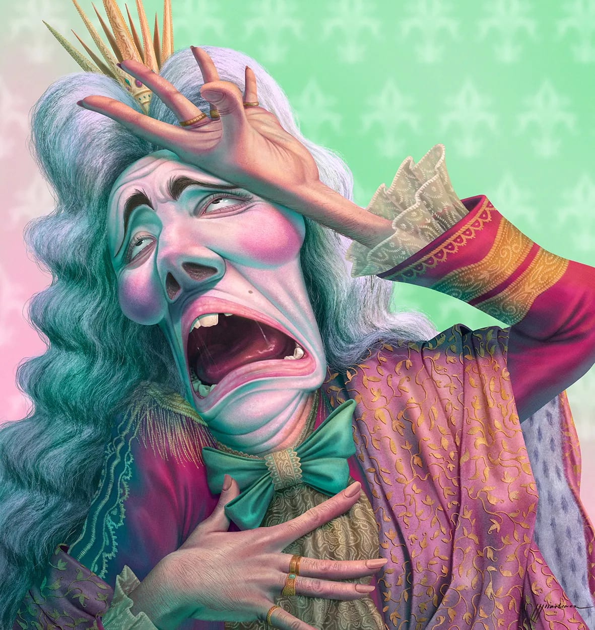 Caricatura ilustrada de un cantante de ópera con peluca y traje de época gritando, trabajo de Juan Jesús Martínez, profesor de Ilustración de TRAZOS, escuela de arte digital en Madrid