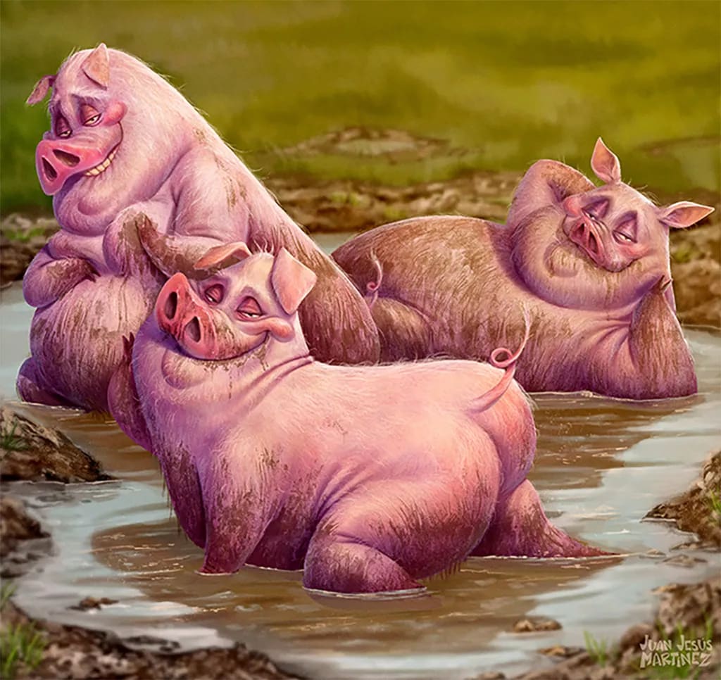 Ilustración humorística de tres cerdos descansando en un charco de barro, trabajo de Juan Jesús Martínez, profesor de Ilustración de TRAZOS, escuela de arte digital en Madrid