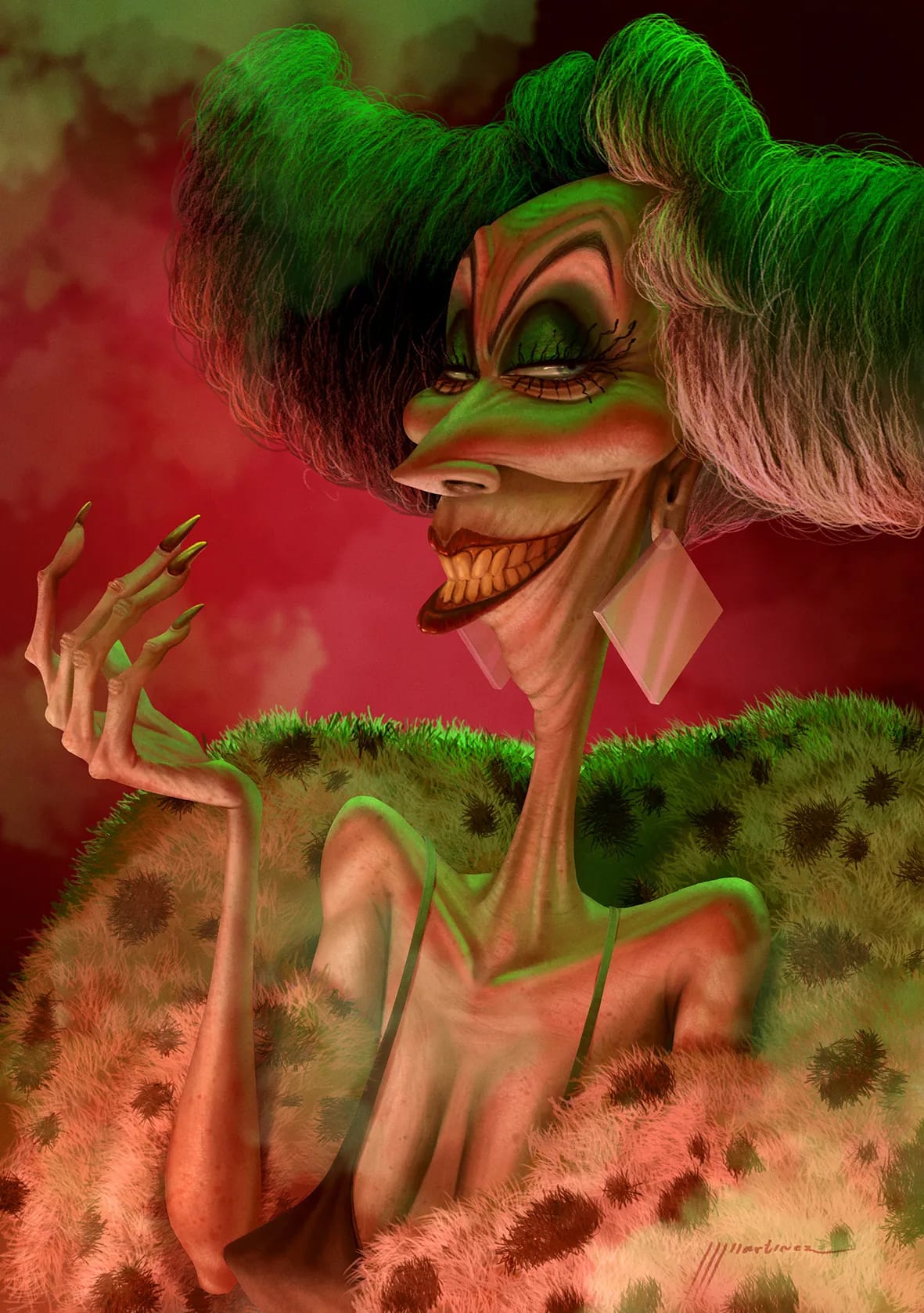 Caricatura ilustrada de un personaje estilo Cruella de Vil con pelo verde y abrigo de piel, trabajo de Juan Jesús Martínez, profesor de Ilustración de TRAZOS, escuela de arte digital en Madrid