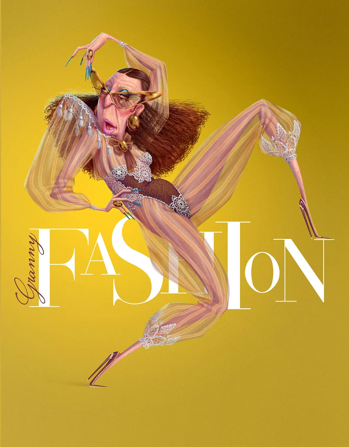 Ilustración caricaturesca de moda 'Granny Fashion' con una anciana en pose de pasarela, trabajo de Juan Jesús Martínez, profesor de Ilustración de TRAZOS, escuela de arte digital en Madrid