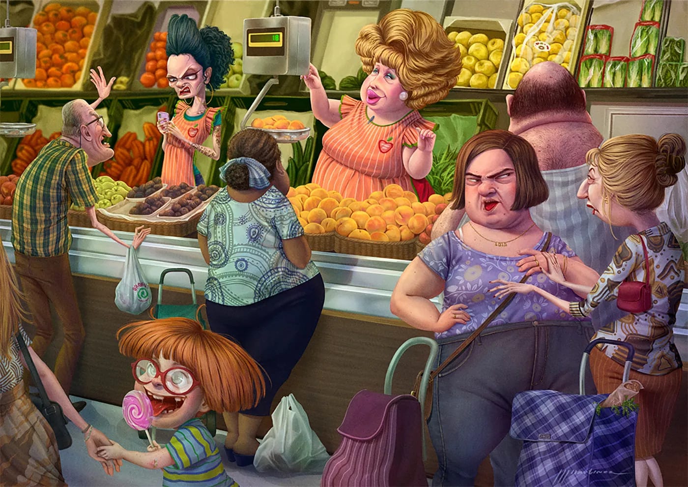 Ilustración humorística de una bulliciosa escena de mercado con múltiples personajes caricaturizados, trabajo de Juan Jesús Martínez, profesor de Ilustración de TRAZOS, escuela de arte digital en Madrid