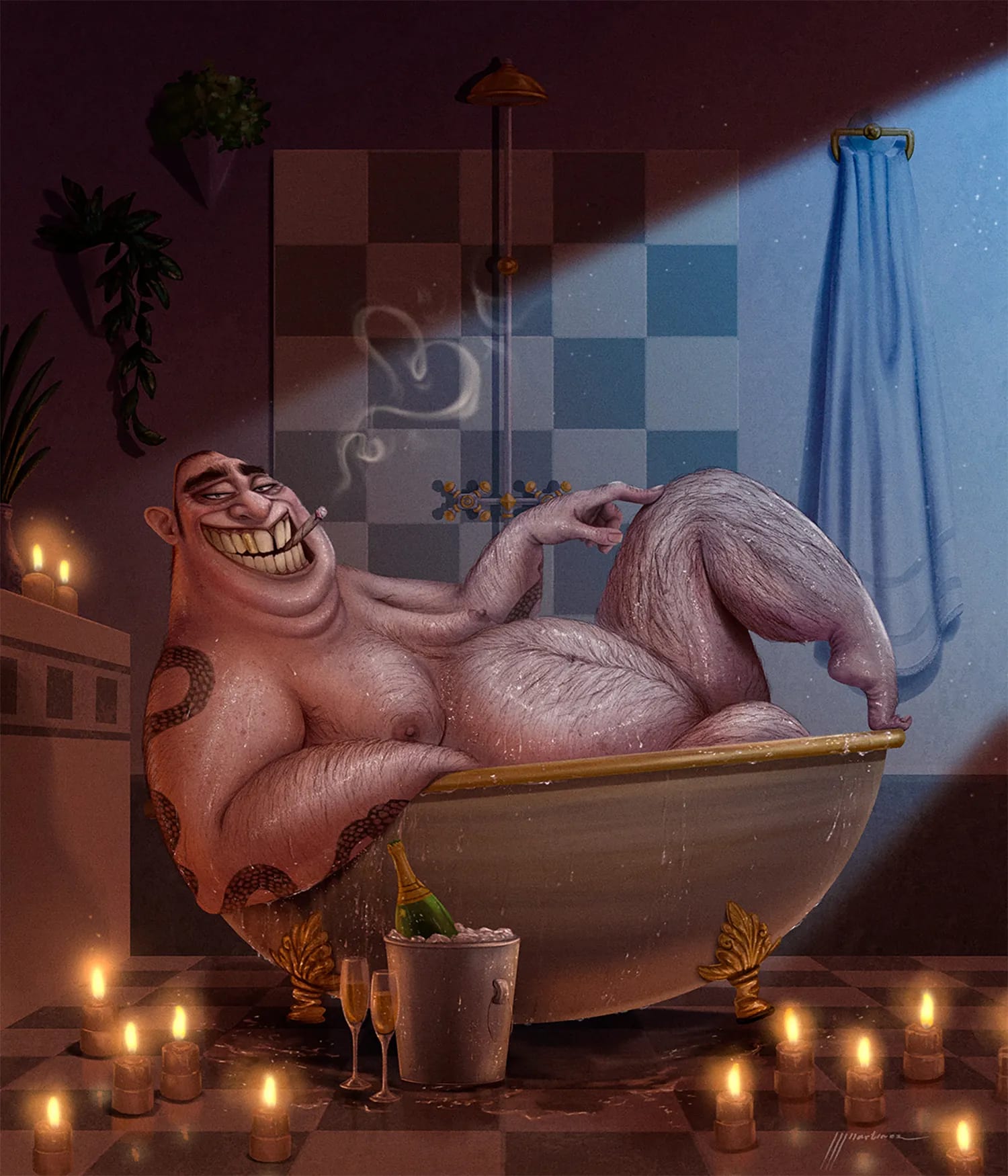 Caricatura ilustrada de un hombre relajándose en una bañera con velas y champán, trabajo de Juan Jesús Martínez, profesor de Ilustración de TRAZOS, escuela de arte digital en Madrid