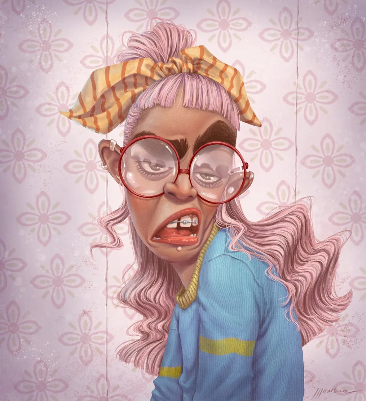 Caricatura ilustrada de una chica adolescente con gafas grandes y aparato dental, trabajo de Juan Jesús Martínez, profesor de Ilustración de TRAZOS, escuela de arte digital en Madrid