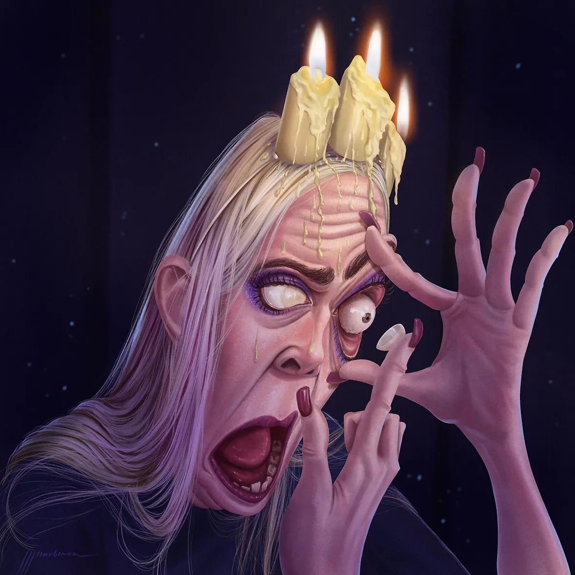 Caricatura ilustrada de una mujer con velas en la cabeza colocándose una lentilla, trabajo de Juan Jesús Martínez, profesor de Ilustración de TRAZOS, escuela de arte digital en Madrid