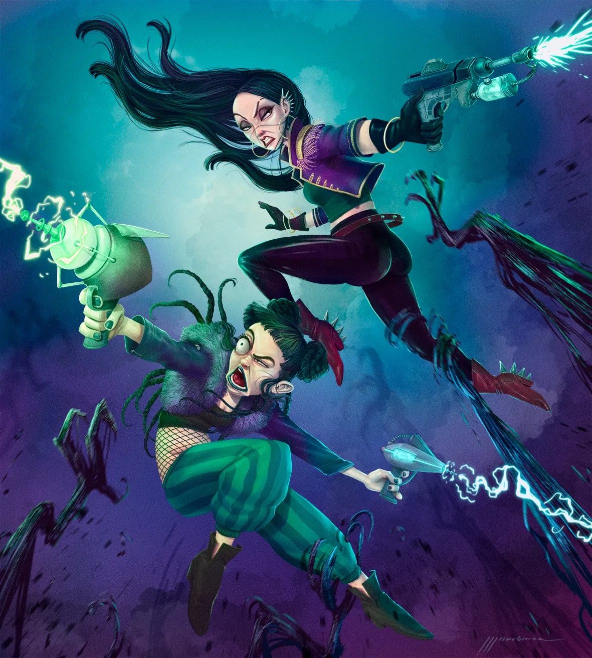 Ilustración de dos personajes femeninas futuristas con pistolas láser en una escena de acción, trabajo de Juan Jesús Martínez, profesor de Ilustración de TRAZOS, escuela de arte digital en Madrid