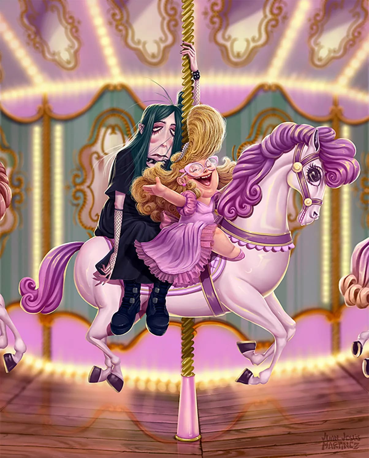 Ilustración caricaturesca de dos personajes montando un caballo de tiovivo, trabajo de Juan Jesús Martínez, profesor de Ilustración de TRAZOS, escuela de arte digital en Madrid