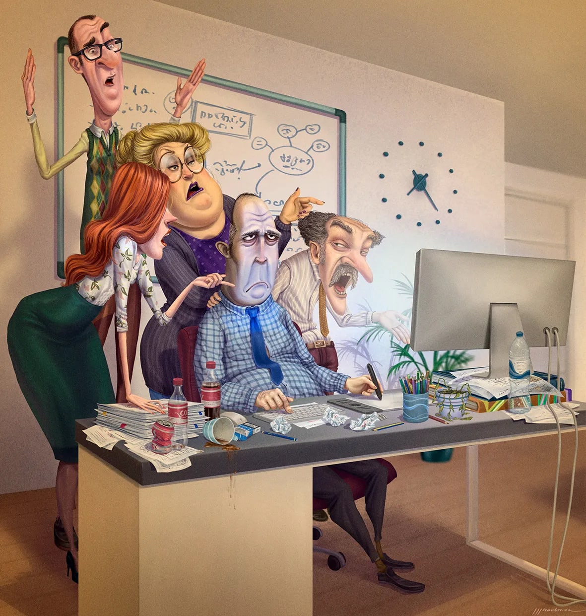 Ilustración humorística de un equipo de oficina agobiado frente a un ordenador, trabajo de Juan Jesús Martínez, profesor de Ilustración de TRAZOS, escuela de arte digital en Madrid