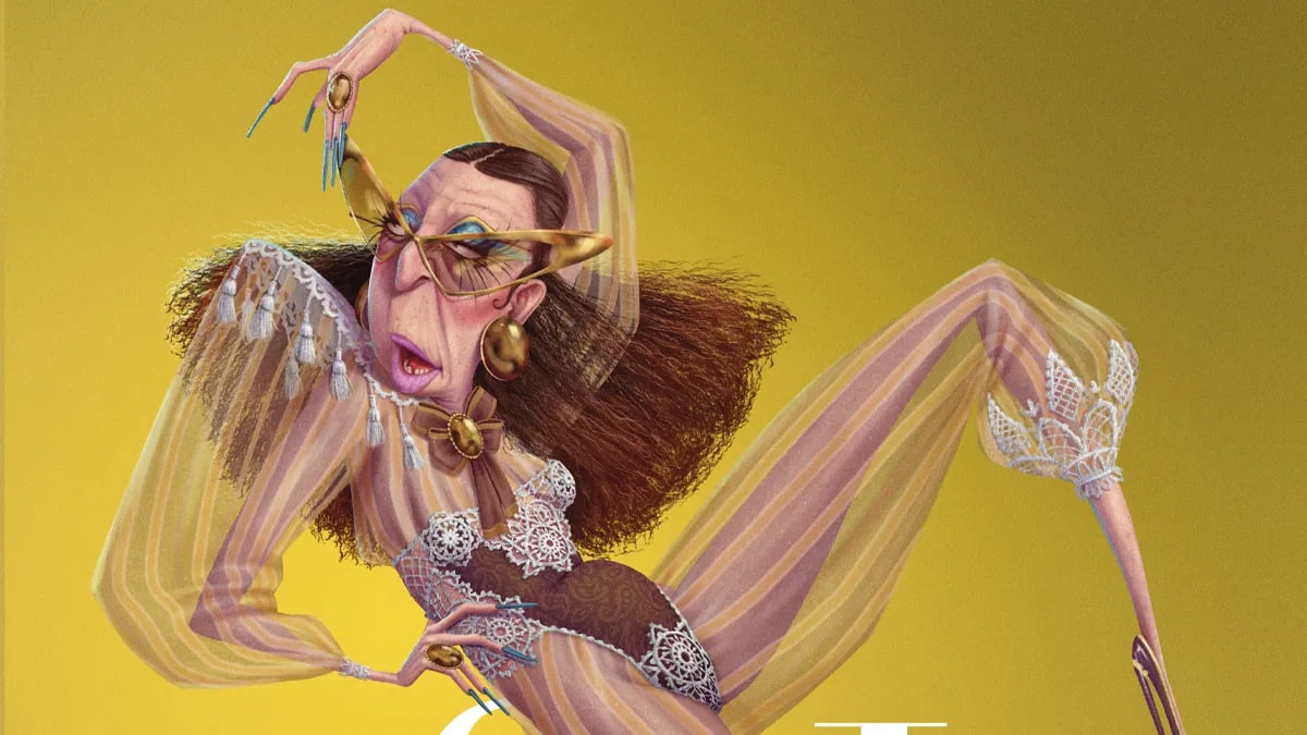 Ilustración caricaturesca de moda con una anciana en pose de pasarela, trabajo de Juan Jesús Martínez, profesor de Ilustración de TRAZOS, escuela de arte digital en Madrid