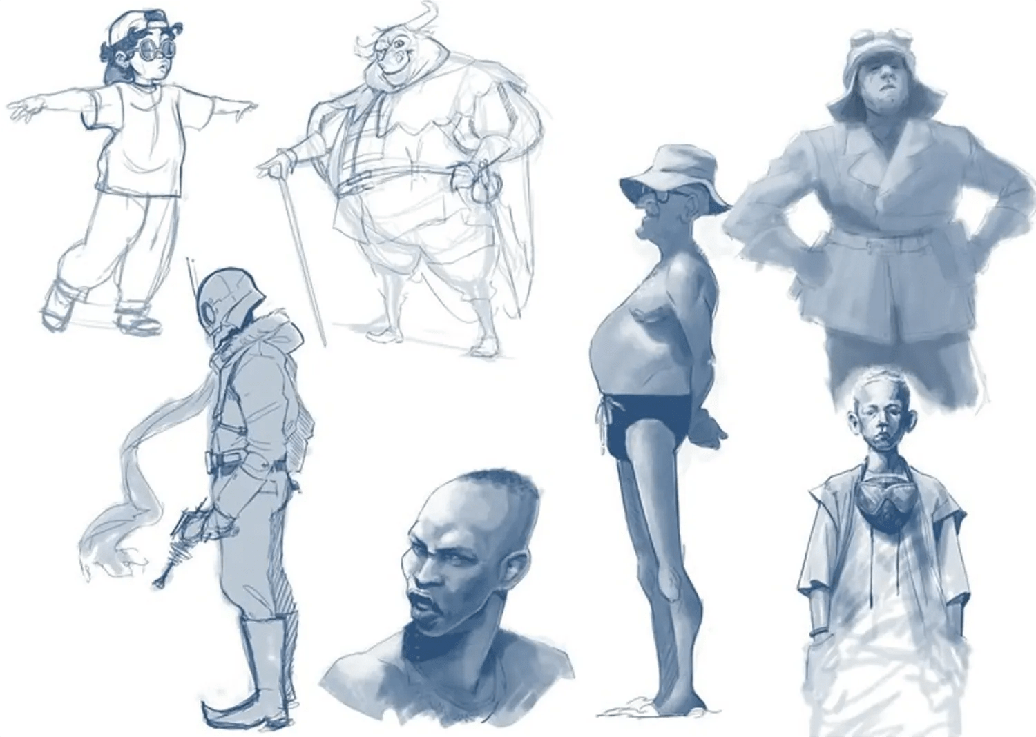Hoja de concept art con estudios de varios personajes en bocetos monocromos, trabajo de Nelson Cabrera, profesor de Ilustración de TRAZOS, escuela de arte digital en Madrid