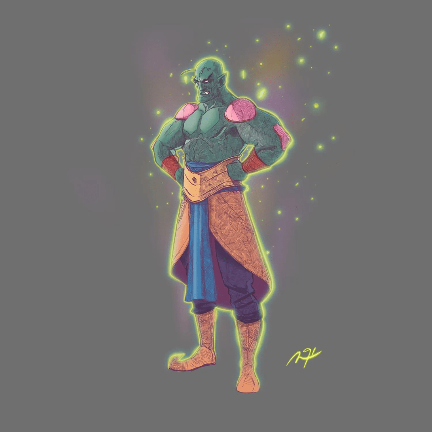 Ilustración de un personaje verde de estilo Dragon Ball con aura energética, trabajo de Nelson Cabrera, profesor de Ilustración de TRAZOS, escuela de arte digital en Madrid