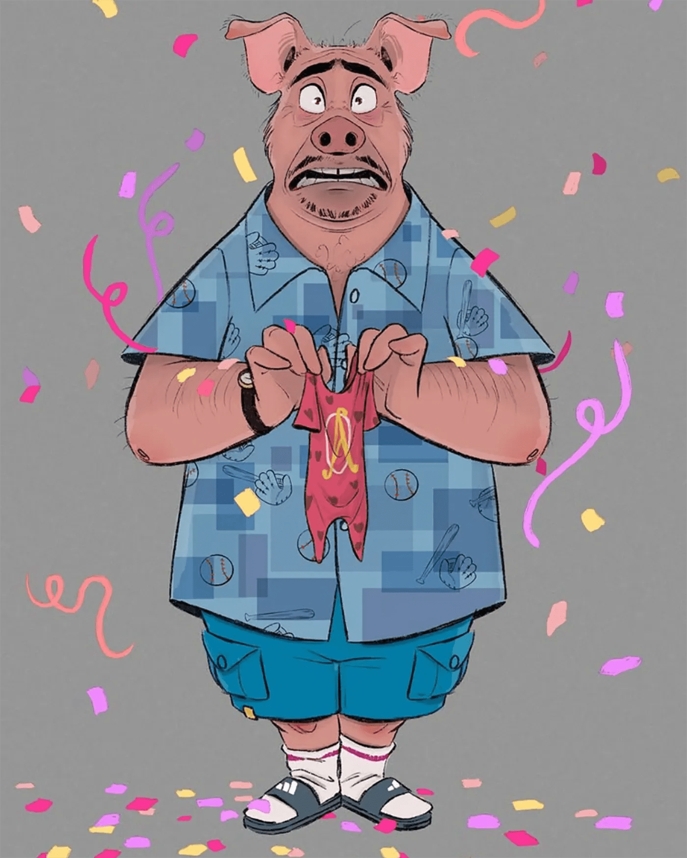 Ilustración de personaje de un cerdo antropomórfico con camisa hawaiana entre confeti, trabajo de Nelson Cabrera, profesor de Ilustración de TRAZOS, escuela de arte digital en Madrid