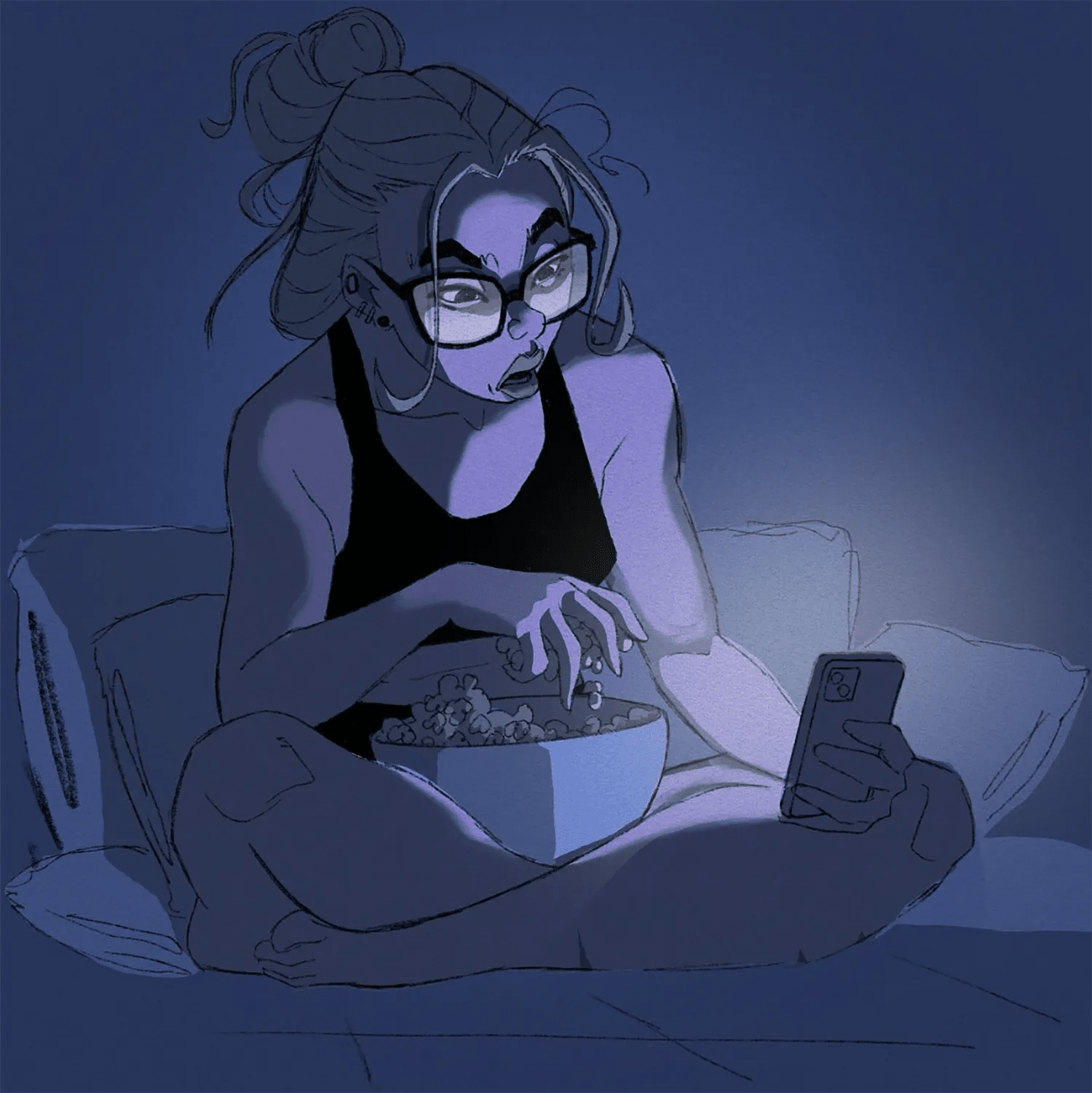 Ilustración de una chica con gafas comiendo palomitas mientras mira el móvil de noche, trabajo de Nelson Cabrera, profesor de Ilustración de TRAZOS, escuela de arte digital en Madrid