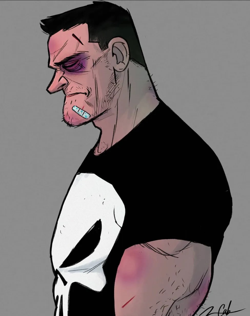 Ilustración de perfil de un personaje estilo El Castigador con un ojo morado, trabajo de Nelson Cabrera, profesor de Ilustración de TRAZOS, escuela de arte digital en Madrid
