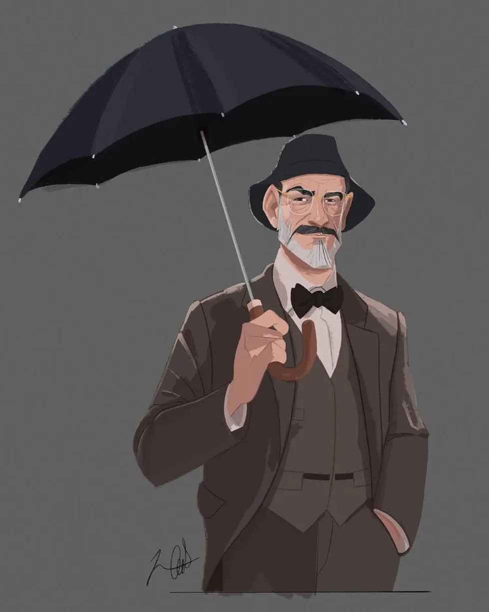 Ilustración cartoon de un caballero mayor con sombrero, gafas y paraguas, trabajo de Nelson Cabrera, profesor de Ilustración de TRAZOS, escuela de arte digital en Madrid