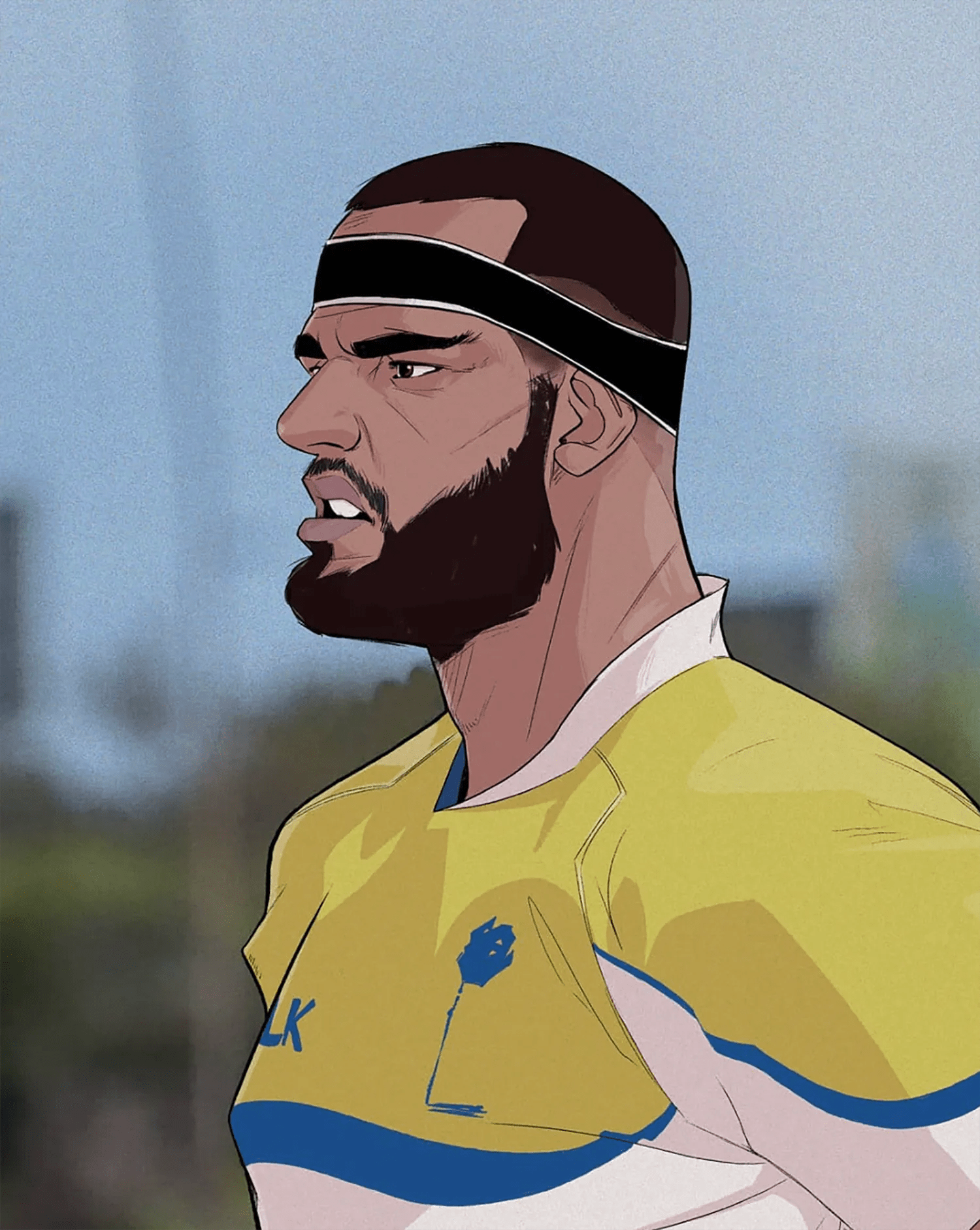 Ilustración de un jugador de rugby con camiseta amarilla y cinta en la cabeza, trabajo de Nelson Cabrera, profesor de Ilustración de TRAZOS, escuela de arte digital en Madrid