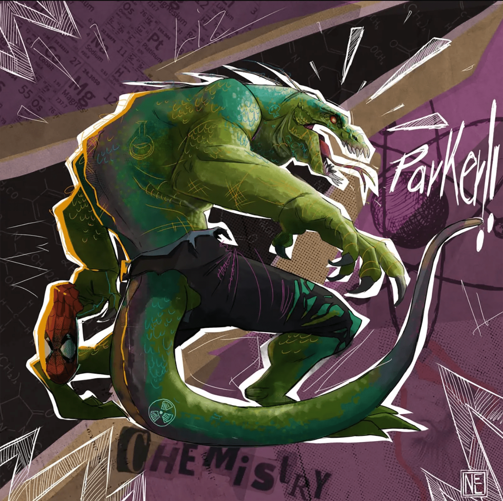 Ilustración del personaje El Lagarto de Spider-Man en un laboratorio de química, trabajo de Nelson Cabrera, profesor de Ilustración de TRAZOS, escuela de arte digital en Madrid