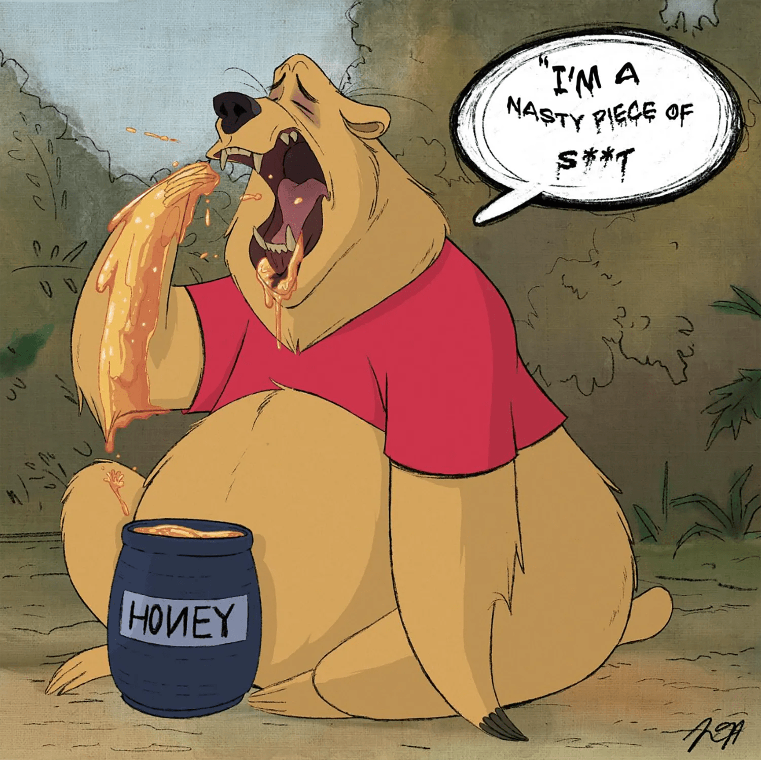 Ilustración humorística de un oso de estilo cartoon comiendo miel, trabajo de Nelson Cabrera, profesor de Ilustración de TRAZOS, escuela de arte digital en Madrid