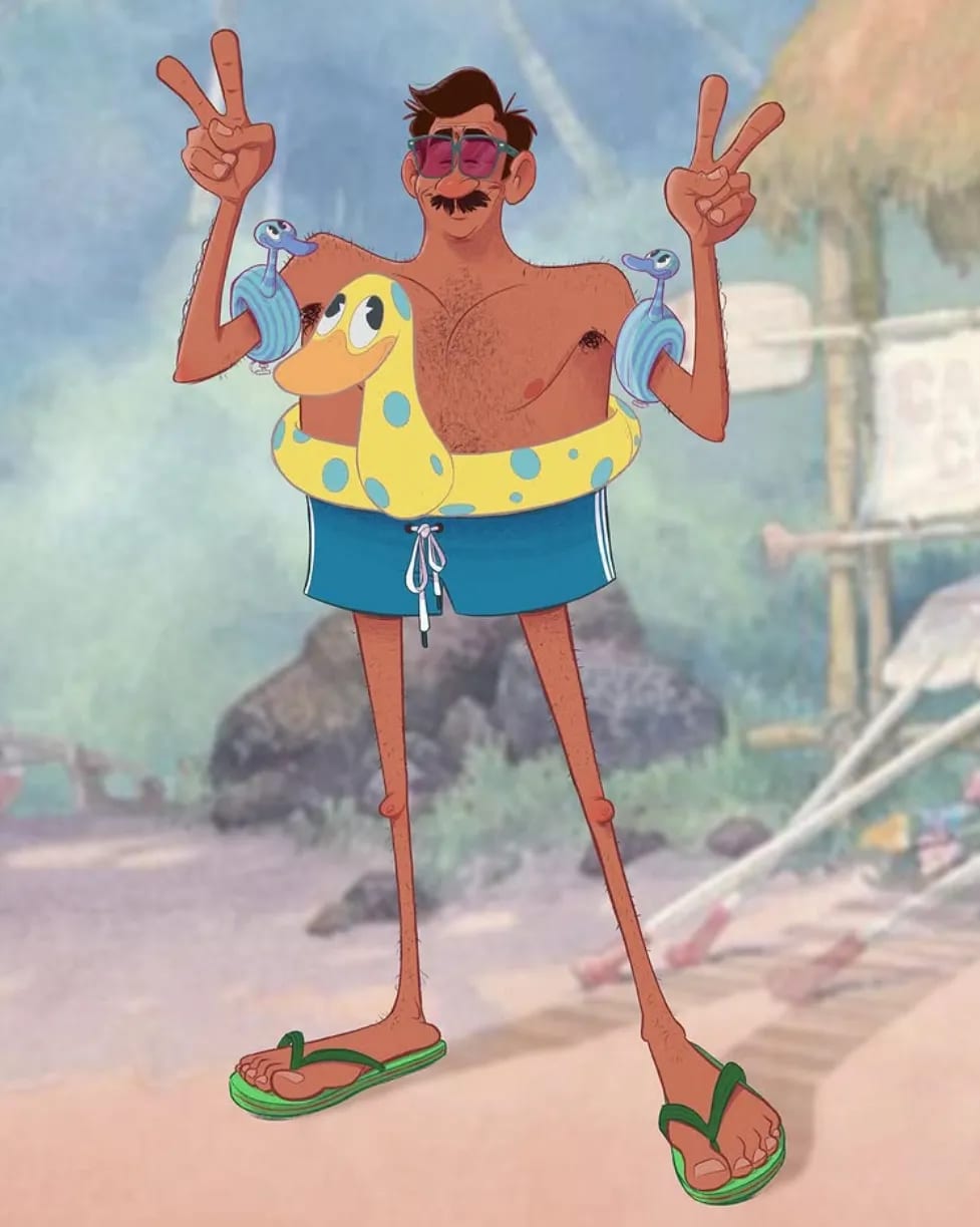 Ilustración cartoon de un hombre en la playa con flotador de pato y manguitos, trabajo de Nelson Cabrera, profesor de Ilustración de TRAZOS, escuela de arte digital en Madrid