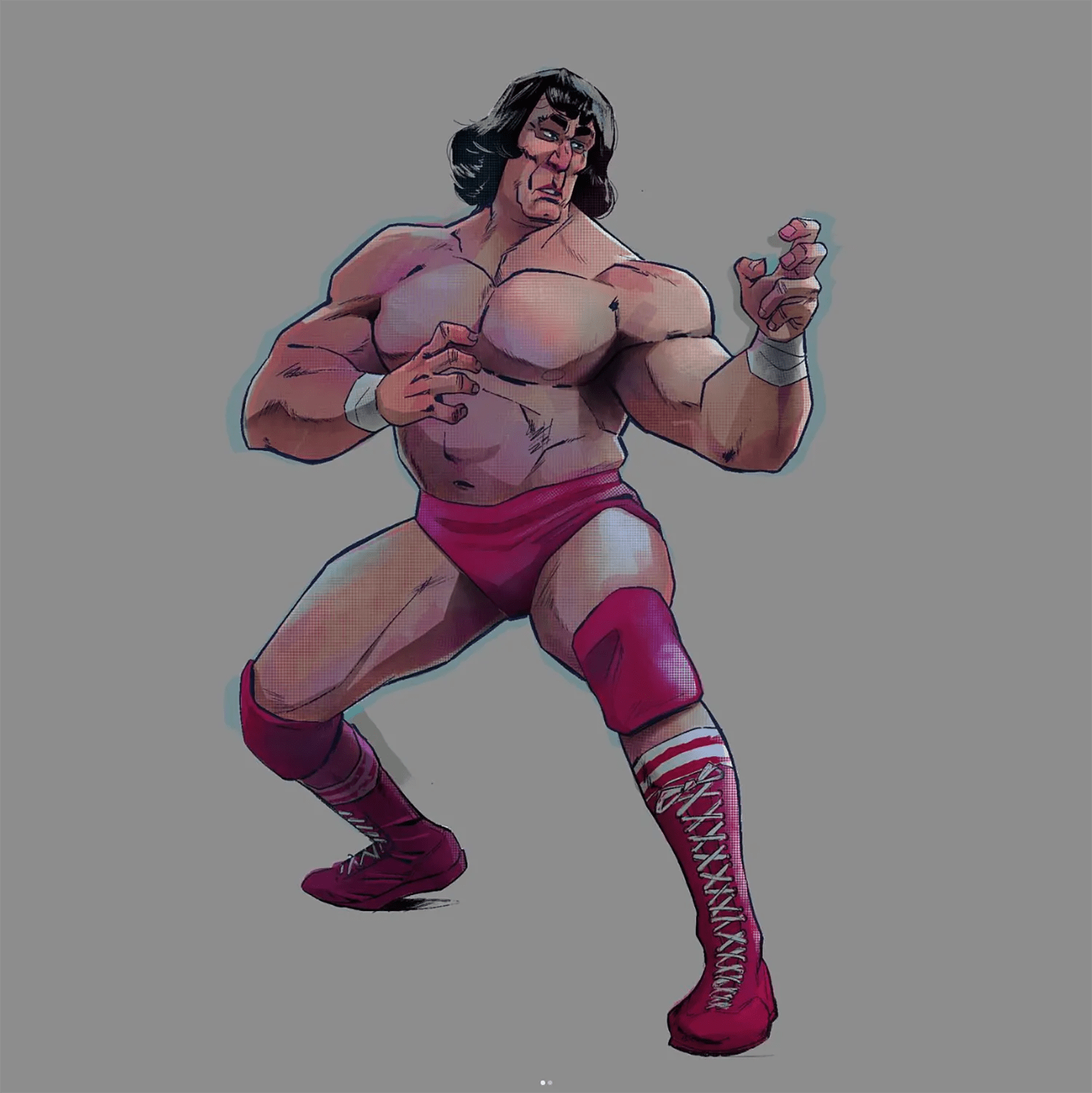 Ilustración de personaje de un luchador musculoso en pose de combate, trabajo de Nelson Cabrera, profesor de Ilustración de TRAZOS, escuela de arte digital en Madrid