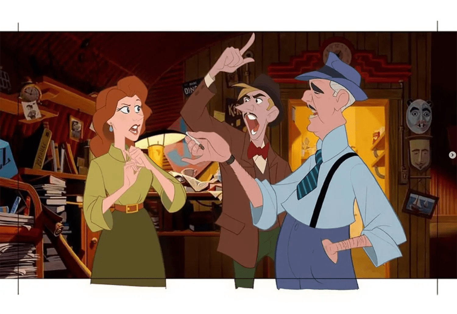 Ilustración de estilo cartoon clásico de tres personajes discutiendo en un desván, trabajo de Nelson Cabrera, profesor de Ilustración de TRAZOS, escuela de arte digital en Madrid