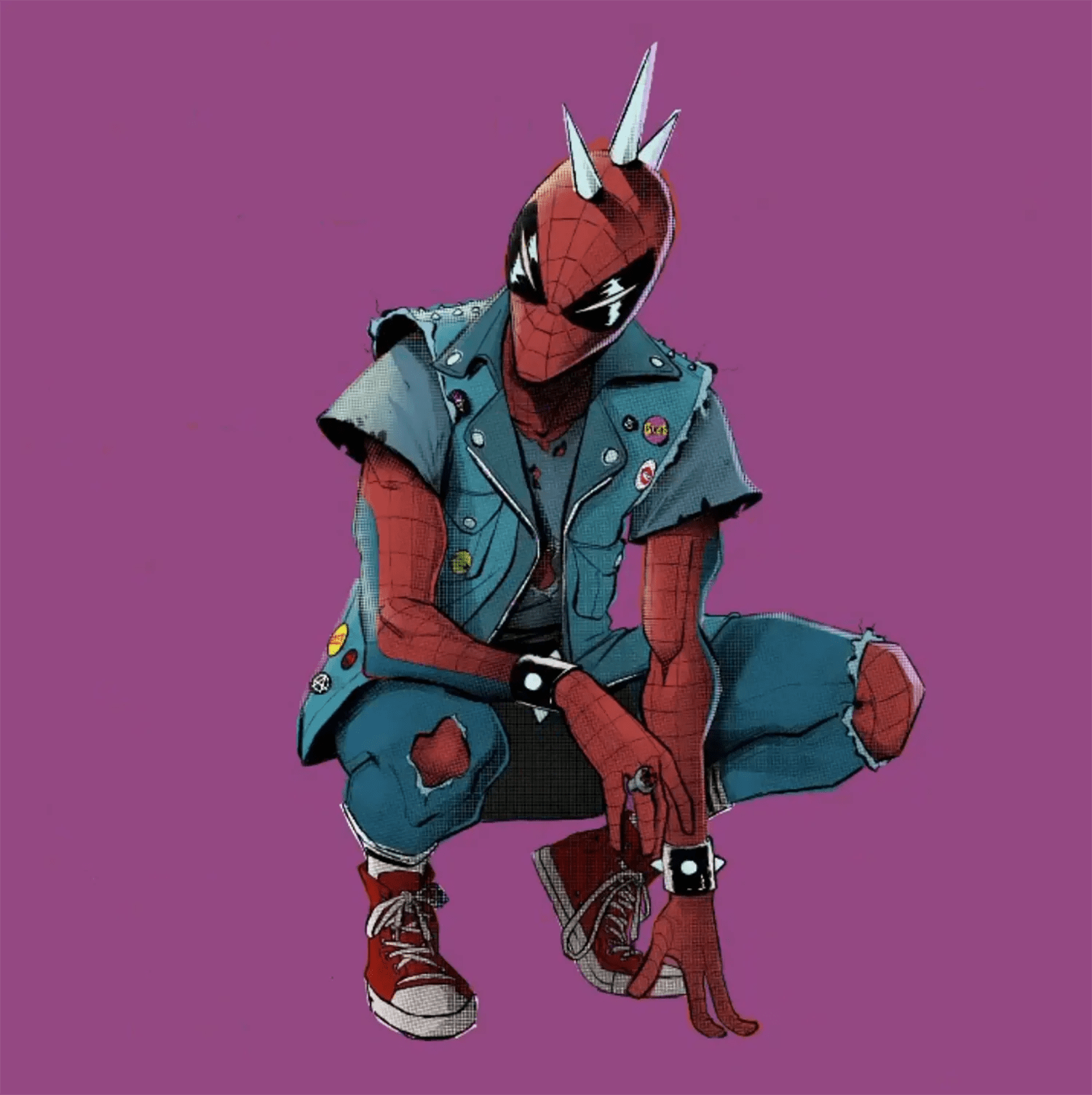 Ilustración del personaje Spider-Punk agachado sobre fondo morado, trabajo de Nelson Cabrera, profesor de Ilustración de TRAZOS, escuela de arte digital en Madrid