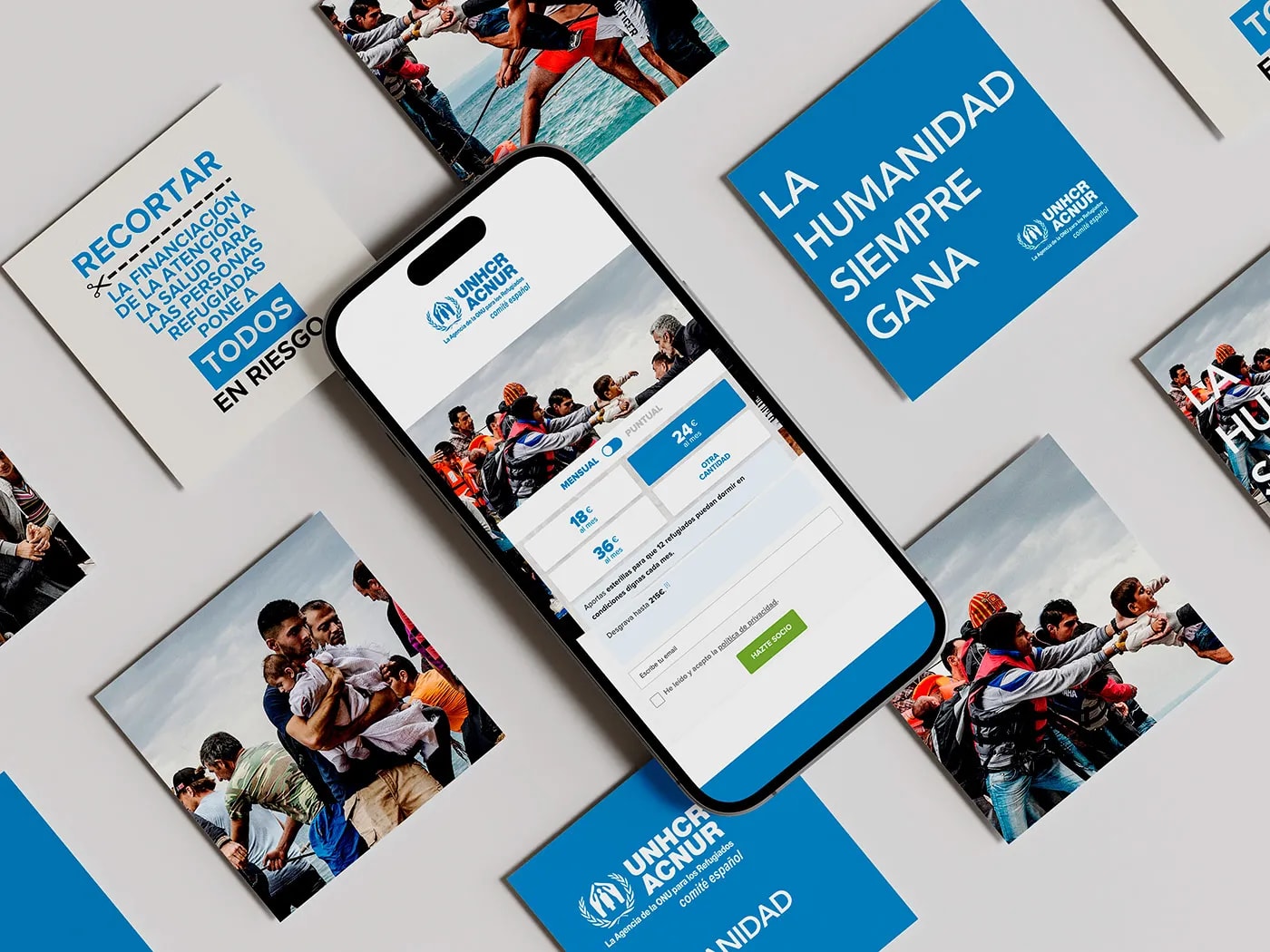 Diseño de la app de captación de socios de ACNUR con la campaña 'La humanidad siempre gana', trabajo de Rafael Quílez, profesor de Retoque Digital y Dirección de Arte de TRAZOS, escuela de arte digital en Madrid