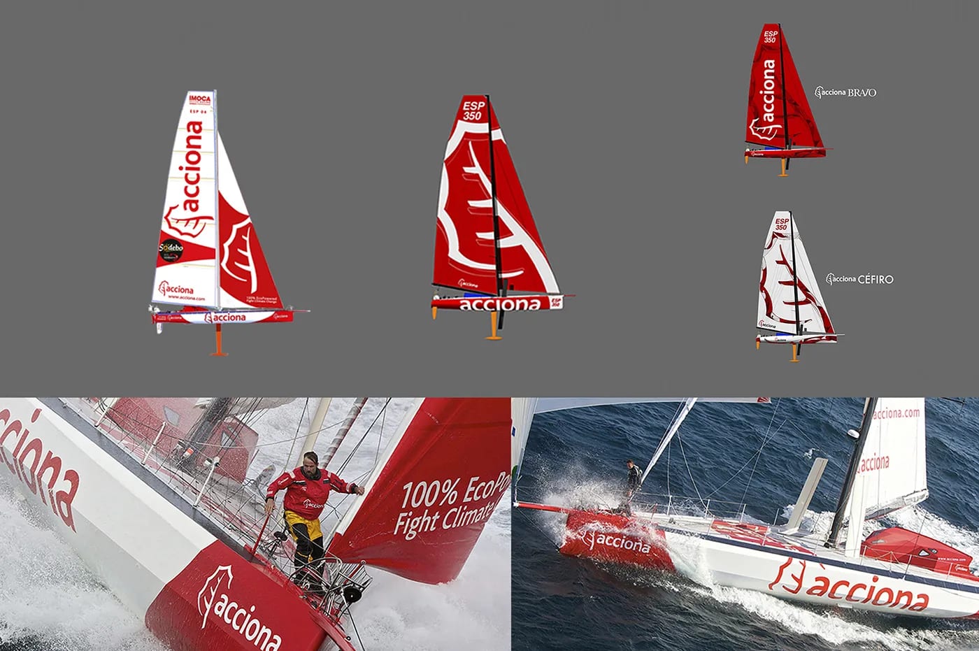 Montaje gráfico de los veleros de competición del equipo Acciona, trabajo de Rafael Quílez, profesor de Retoque Digital y Dirección de Arte de TRAZOS, escuela de arte digital en Madrid