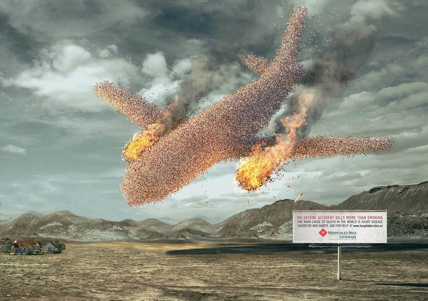 Montaje fotográfico de un avión formado por cigarrillos para la campaña antitabaco de Hospitales Nisa, trabajo de Rafael Quílez, profesor de Retoque Digital y Dirección de Arte de TRAZOS, escuela de arte digital en Madrid
