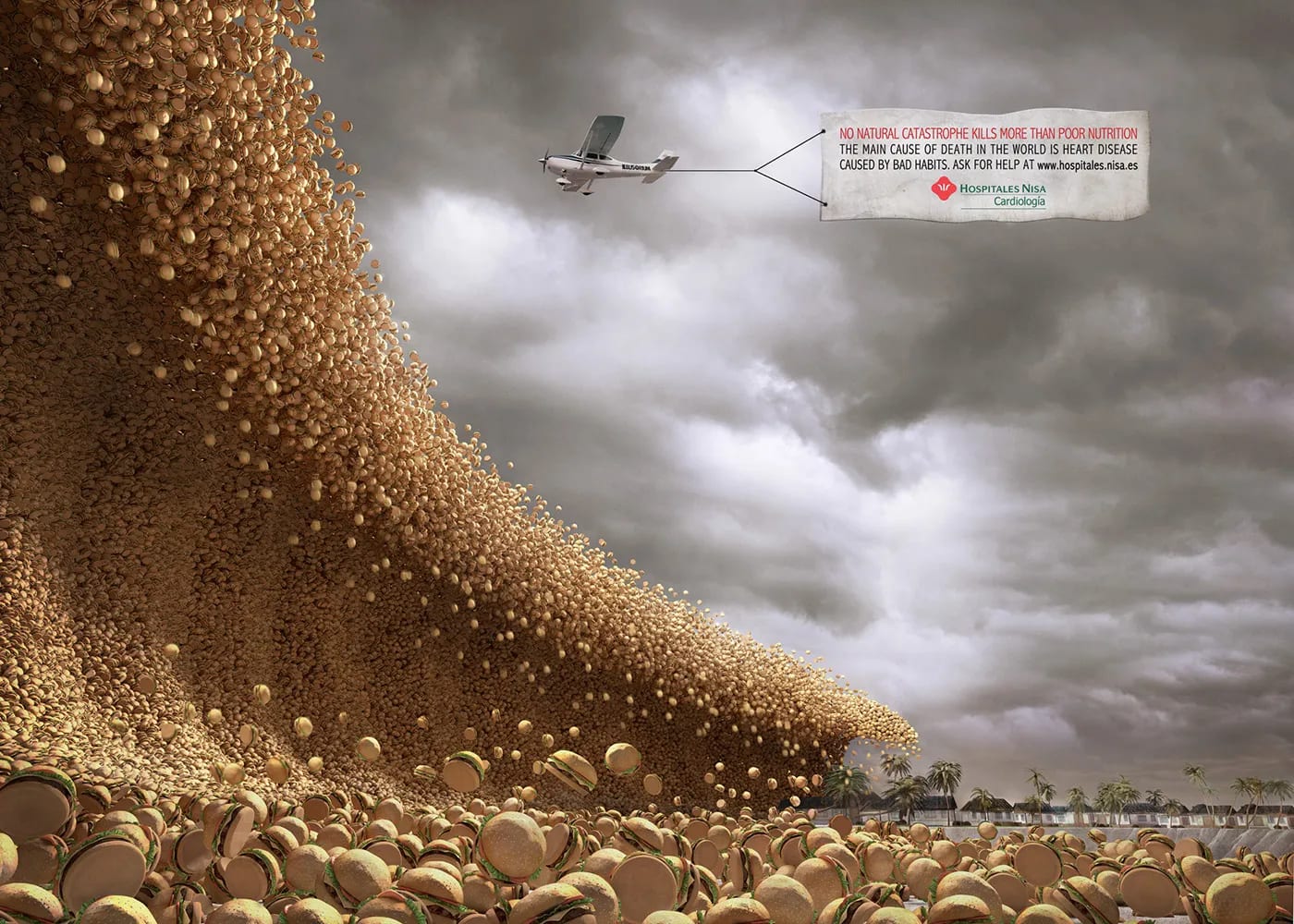 Montaje fotográfico de una avalancha de hamburguesas para la campaña de nutrición de Hospitales Nisa, trabajo de Rafael Quílez, profesor de Retoque Digital y Dirección de Arte de TRAZOS, escuela de arte digital en Madrid