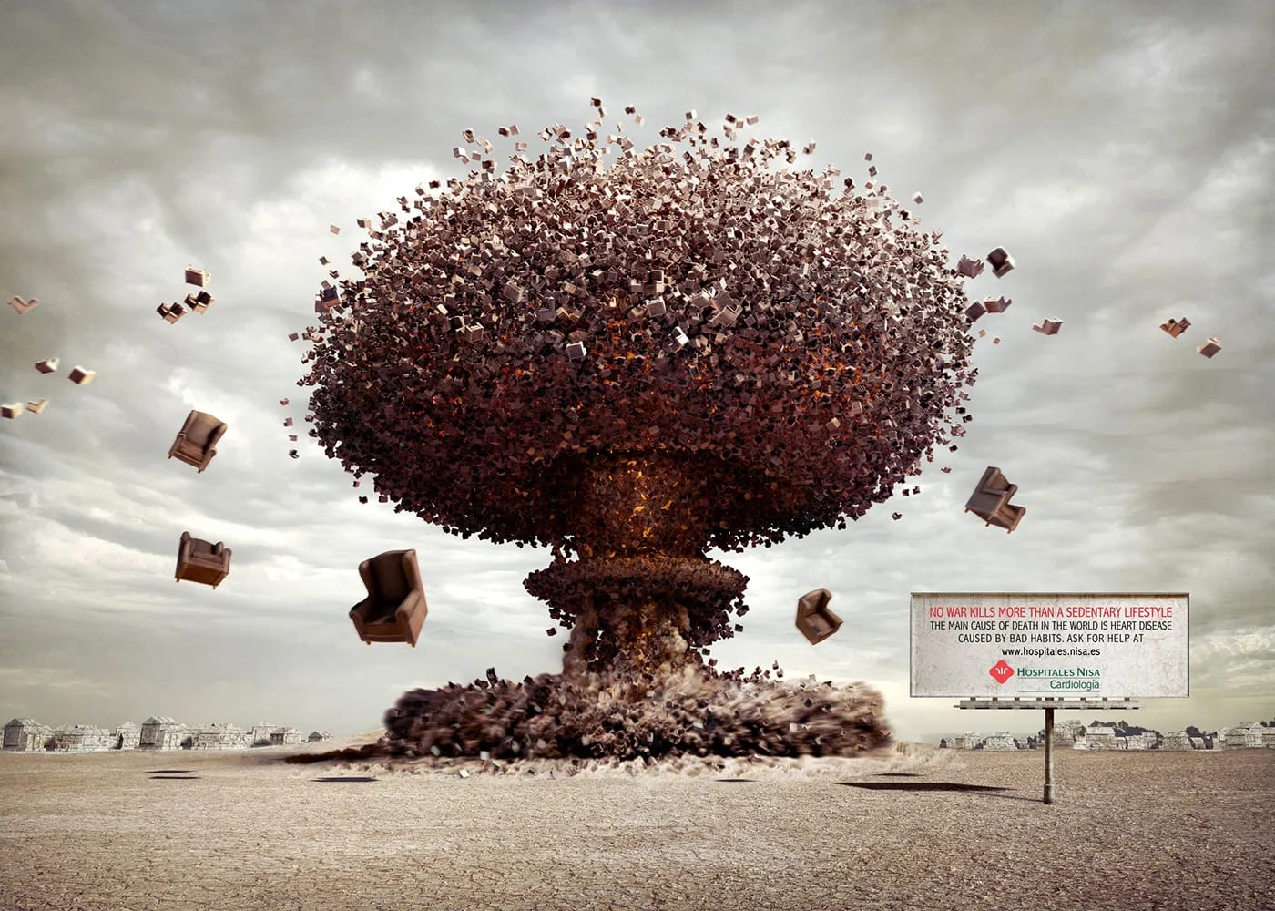 Montaje fotográfico de una explosión formada por sofás para la campaña contra el sedentarismo de Hospitales Nisa, trabajo de Rafael Quílez, profesor de Retoque Digital y Dirección de Arte de TRAZOS, escuela de arte digital en Madrid