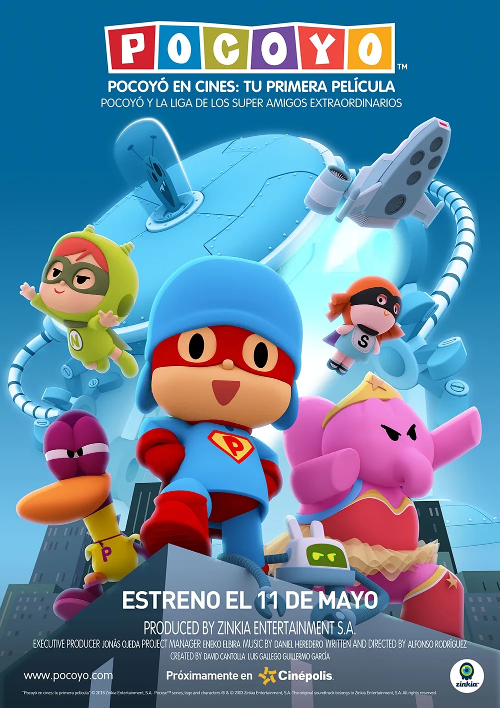 Cartel de la película de animación Pocoyó y la Liga de los Superamigos Extraordinarios, trabajo de Sergio Galán, profesor de Animación 3D de TRAZOS, escuela de arte digital en Madrid