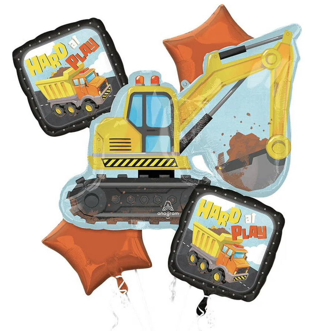 Construction Excavator Truck 5 Piece Birthday Party Mylar Foil Balloon Set