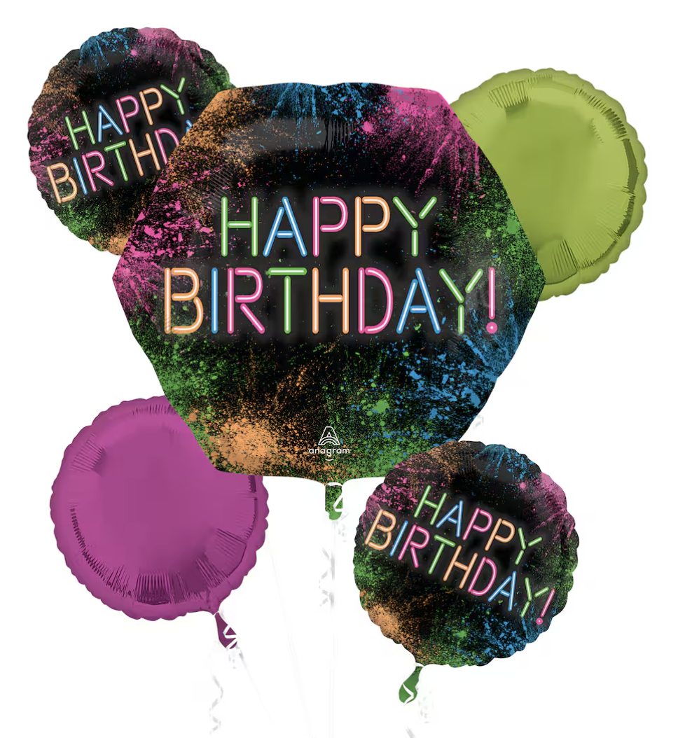 Let's Glow Crazy Happy Birthday Foil Balloon Bouquet
