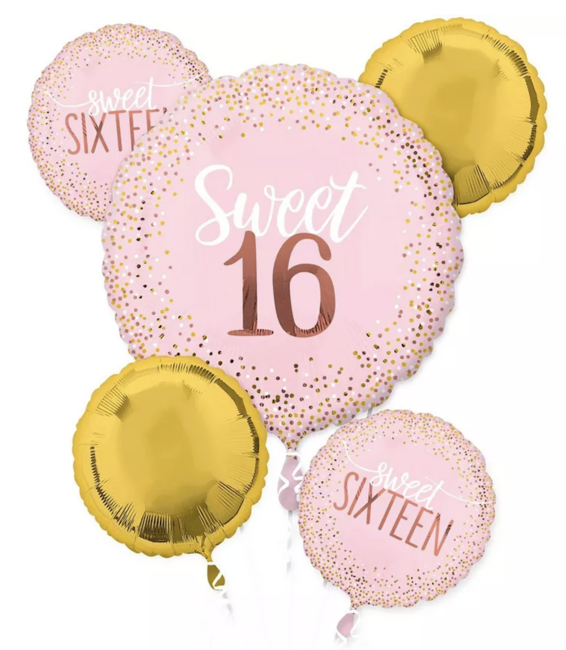 Blush Pink & Gold Sweet 16 Birthday Foil Balloon Bouquet, 5pc
