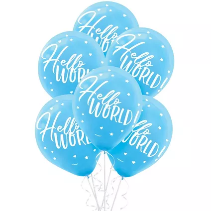 Hello World Blue Latex Balloons 15pc