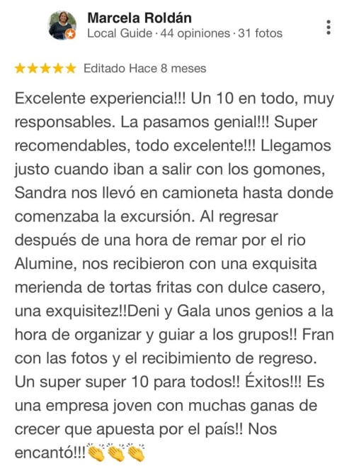 Comentario con recomendación de Abra Ancha Rafting