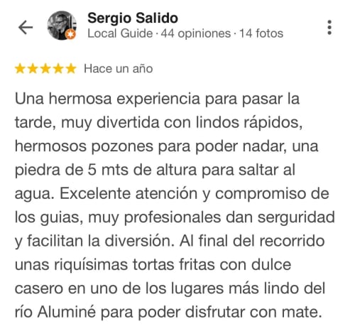 Testimonio destacando la seguridad y diversión del rafting